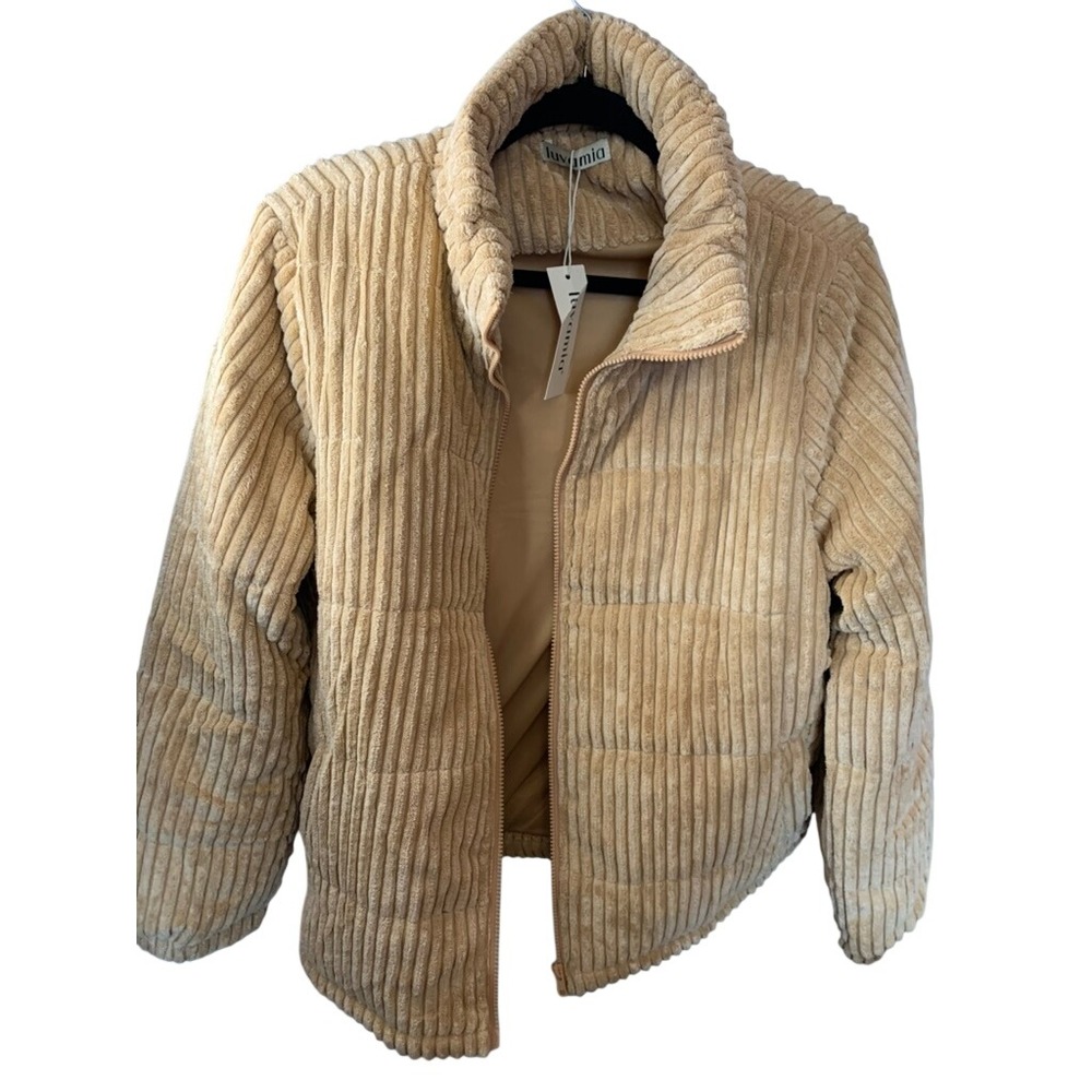 Luvamia Tan Corduroy Puffer Jacket Full Zip Quilted Coat LC856215 Size L NEW